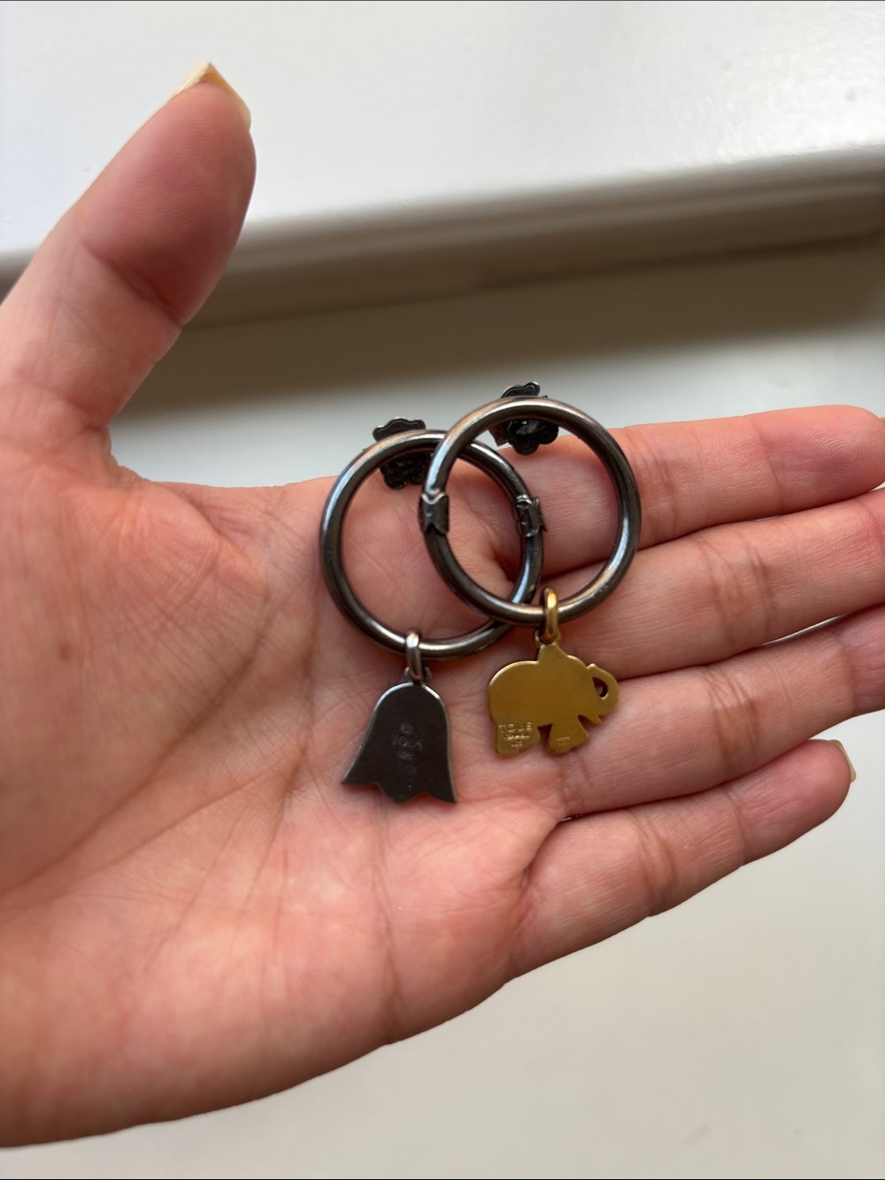 Tous Gold Elephant & Gunmetal Ghost Hoop Earrings ( charms exchangeable)